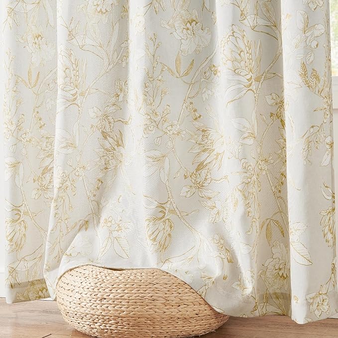 jinchan Floral Curtains 90 Inch Length Mustard Yellow Flower Linen Farmhouse Curtain for Living Room French Country Vintage Curtain Rod Pocket Curtains Set 2 Panels Floral Printed
