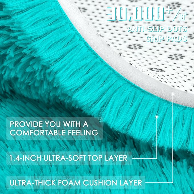 OLANLY Teal Blue Round Rugs for Bedroom - Machine Washable, 4 ft Circle Area Rugs for Living Room, Soft and Fluffy Shaggy Carpet for Teen Girls and Boys, Nursery Rooms, Dorms, Home Decor Aesthetic