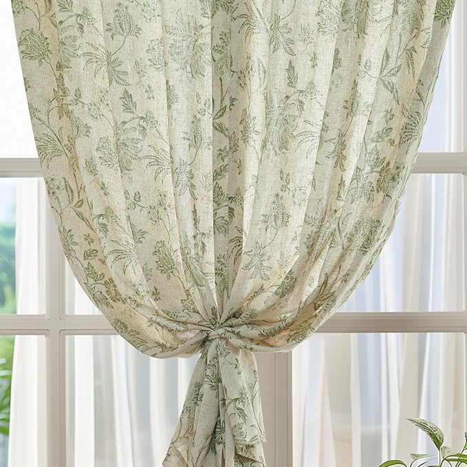 jinchan Linen Floral Curtains for Living Room with Printed Flower 84 Inches Long Light Filtering French Country Back Tab Rod Pocket Sage Green Window Curtain Set Farmhouse Drapes 2 Panels