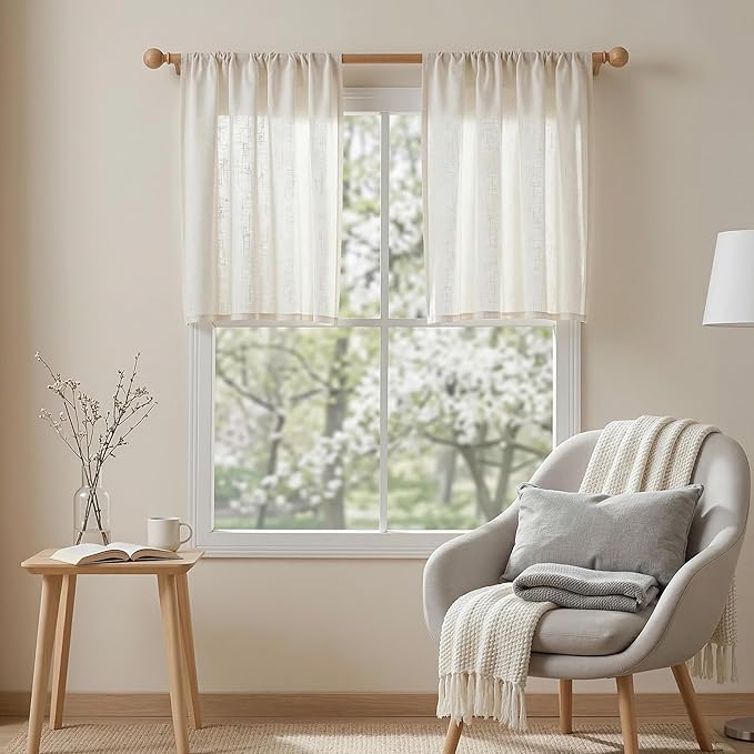 MYSKY HOME Semi Sheer Natural Linen Curtains 36 Inch Length 2 Panels, Light Filtering Cream Tiers Curtains Rod Pocket Neutral Window Drapes for Bathroom/Kitchen/Basement, Linen, 34 x 36 Inch