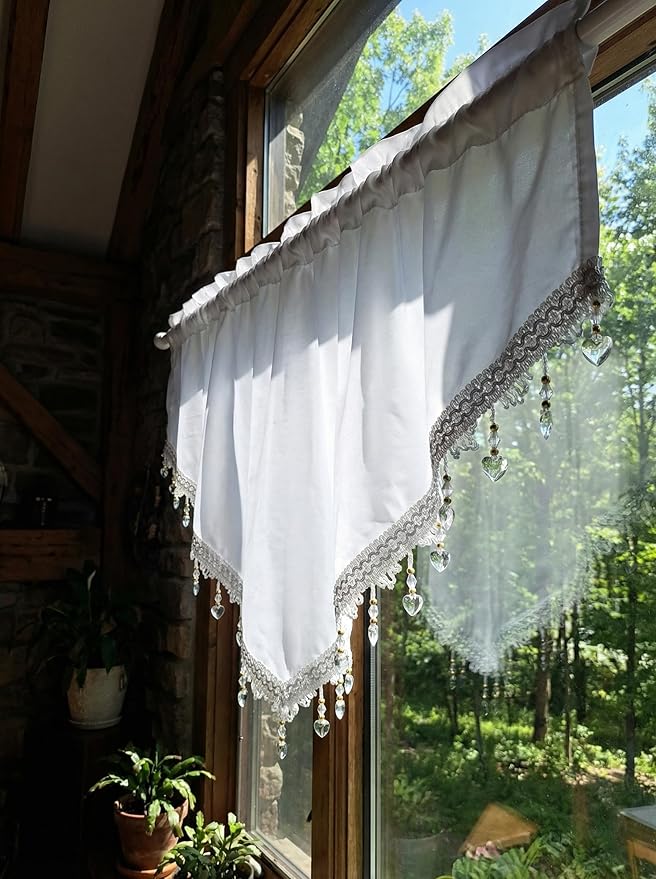Molaxhome Swag Curtain 51 inch Length Rod Pocket Scalloped Curtain Valance Sheer Lace Panels with Hanging Crystal Beads for Kitchen Bedroom Window Treatments Drape Decor 1pc (Cloth White, 51Wx23L)