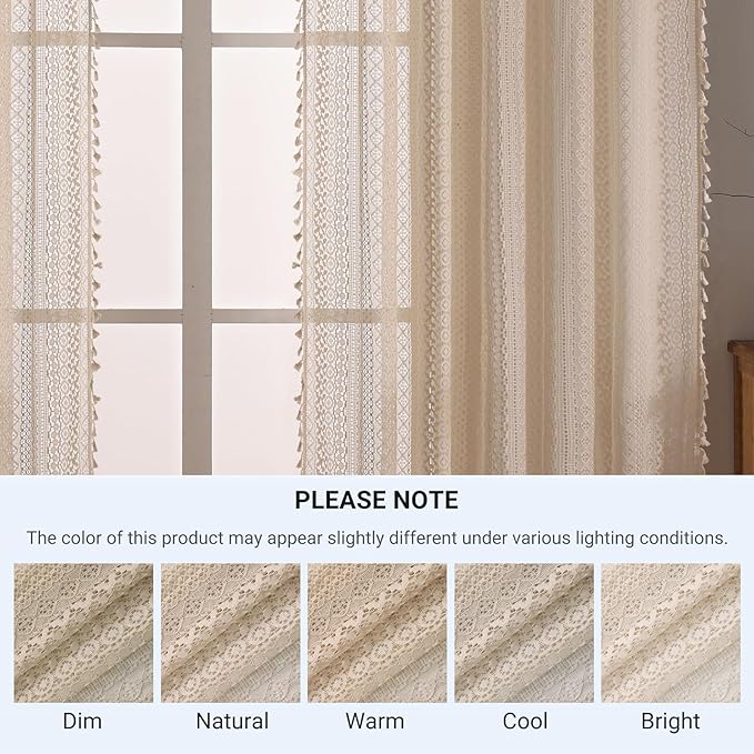 WAZZIO Boho Lace Curtains 54 Inches 2 Panel,Light Filtering Privacy Tassel & Geometry Crochet Semi Sheer Curtain Drapes for Bedroom Living Dining Room,Rod Pocket & Tassel,Vintage Farmhouse Decor,Beige