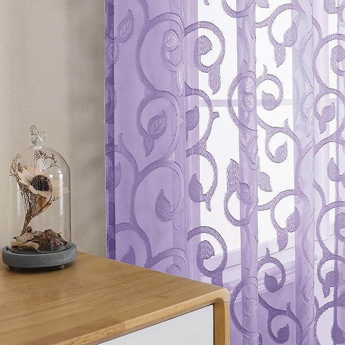 OWENIE Furman Sheer Curtains 45 inch Length for Living Room Bedroom 2 Panels Set, Airy Solid Color Small Window Curtains with Geometric Jacquard Clip Voile Grey Curtains, Dual Rod Pocket, 28Wx45L inch