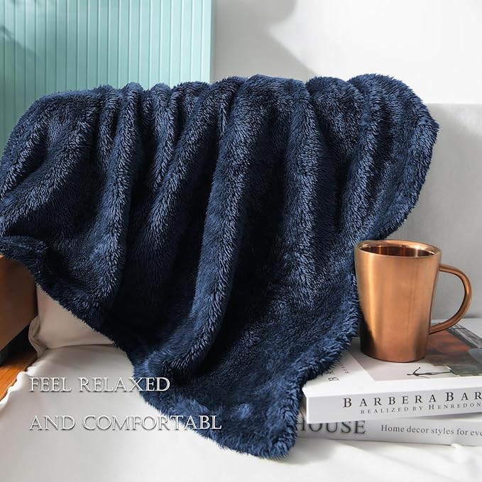 Exclusivo Mezcla Plush Fuzzy Fleece Bed Blanket Twin Size, Super Soft, Fluffy and Warm Blankets for Couch, Bed, All Season (Navy Blue, 90x66 inches)