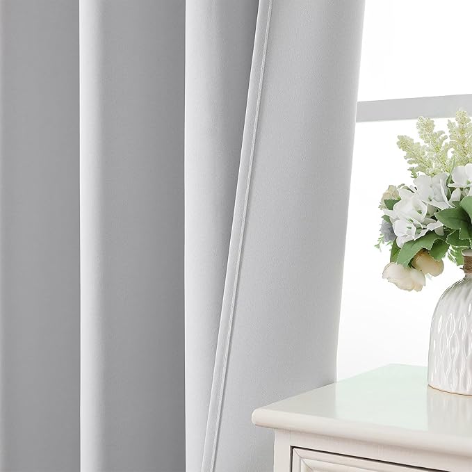 CUCRAF Grayish White Blackout Curtains 96 inch Length 2 Panels Set, Rod Pocket Room Darkening Drapes for Bedroom Living Room, Insulated Thermal Light Blocking Window Curtain (W52 x L96 Inch)
