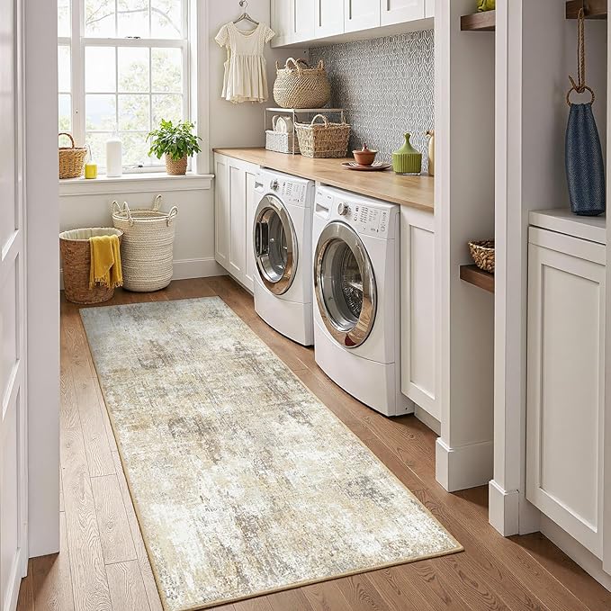 Washable Area Rugs 2'x6' Non-Slip Modern Abstract Soft for Living Room Entryway Bedroom Nursery, Print Pattern, Neutral Brown Gray