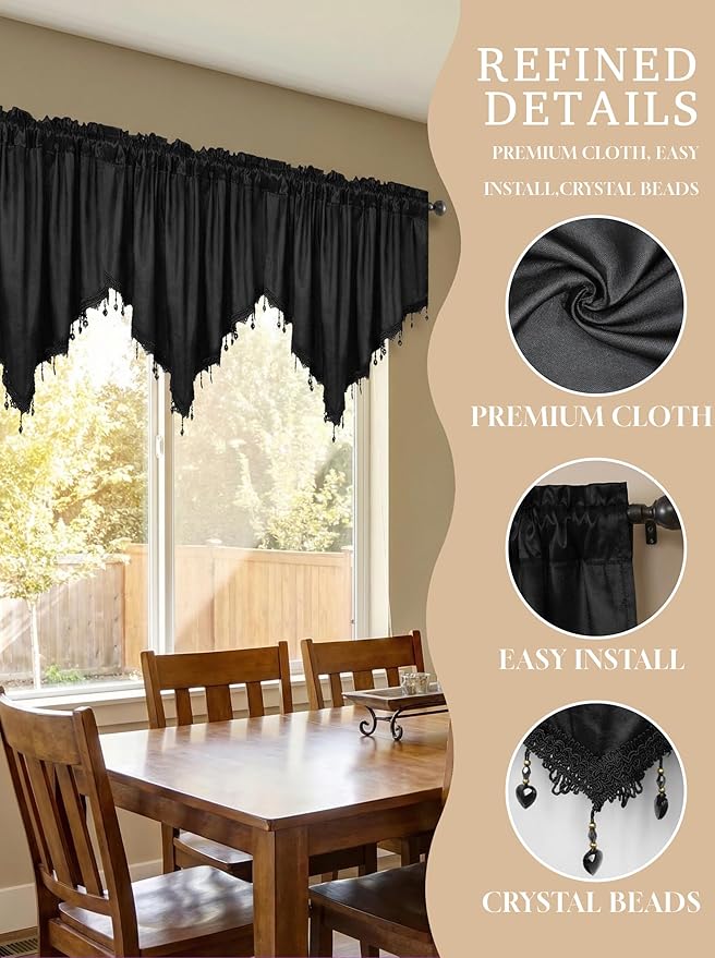 Molaxhome Swag Curtain 51 inch Length Rod Pocket Scalloped Curtain Valance Sheer Lace Panels with Hanging Crystal Beads for Kitchen Bedroom Window Treatments Drape Decor 1pc (Cloth Black, 51Wx23L)