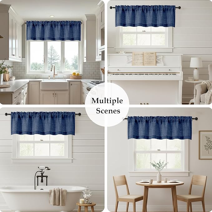 OWENIE Navy Blue Valances for Windows 1 Pcs 24 Inch Length, Light Filtering Textured Short Small Valance Curtains for Bathroom Basement Living Room, Half Window Curtains Over Sink, 60" W by 24" L