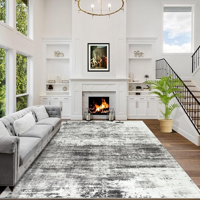 6x9 Area Rugs Washable Rug: Large Modern Abstract Living Room Rug Soft Anti-Skid Thin Carpet Indoor Floor Non-Shedding Carpets for Bedroom Dining Room Farmhouse Nursery Home Office Black Grey