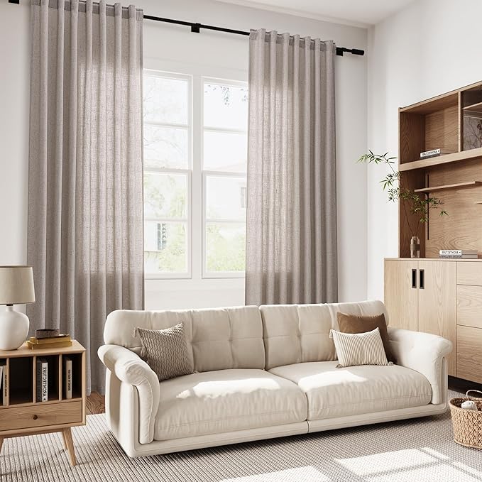 Nanspring Brownish Grey Linen Curtains for Living Room 110 Inches Long Back Tab Light Filtering Semi Sheer Curtain Modern Farmhouse Decor for Bedroom Office Luxury Textured Drapes 52x110, 2 Panels