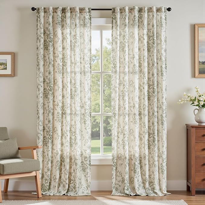 jinchan Linen Blend Floral Curtains for Living Room 108 Inch Length Farmhouse Printed Curtain Rod Pocket Back Tab Sage Green Peony Flower Patterned Drapes Bedroom Curtains Set 2 Panels
