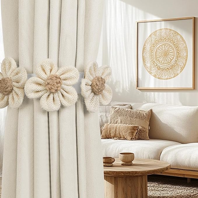 KLOGTSIND Flower Curtain Tiebacks, 2 Pack Boho Curtain Ties Elegant Three Flower Curtain Holdbacks, Decorative Window Treatment Tie Backs for Cute Bedroom Decor, Girl Nursery Decor, Farmhouse Decor