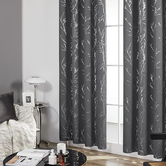 Deconovo Grey Blackout Curtains, Thermal Insulated Soundproof Drapes, Silver Branch Foil Print, 42 x 84 Inch, 2 Panels, Machine‑Washable Privacy Window Panel for Living Room Bedroom Nursery Office