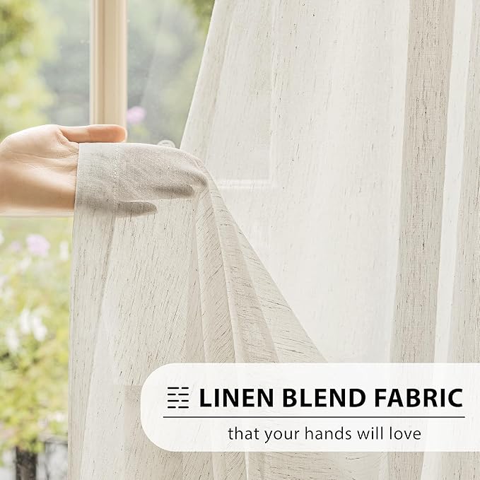FMFUNCTEX Linen Sheer Sliding Door Curtains for Bedroom, Beige Curtains 108 Inches Long Window Curtain Drapes for Living Room, Natural Patio Glass Door Extra 100 Wide Curtain, Rod Pocket 1 Panel