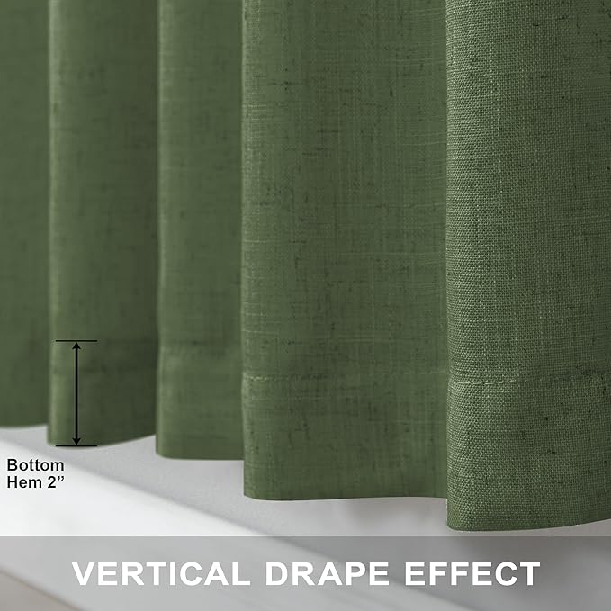 Pitalk Olive Green Curtains 63 Inch Length for Living Room 2 Panels Set Back Tab Rod Pocket Pleated Look Semi Sheer Linen Green Curtains for Bedroom Boho Decoration 52x63 in Long