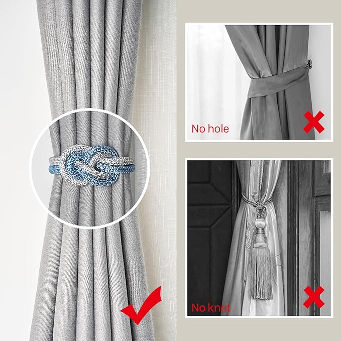NICEEC 4 Pack Mini Magnetic Curtain Tiebacks Nordic Simple Style Drape Tie Backs Elegant Hand Weave Rope Knot Decorative Curtain Holdbacks for Home & Office Thin Window Drapery (Blue & Grey)