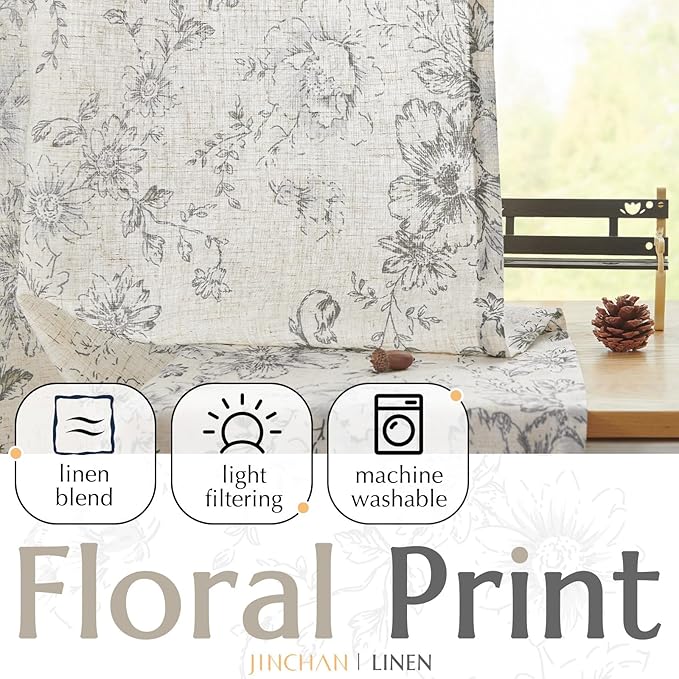 jinchan Linen Blend Curtain Floral Curtains for Living Room 90 Inch Length Grey Printed Curtain Rod Pocket Back Tab Farmhouse Peony Flower Patterned Drapes Bedroom Window Curtains Set 2 Panels