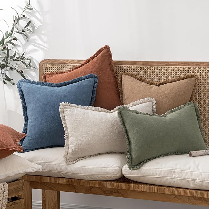 MIULEE Decorative Throw Pillow Covers Neutral Linen Fringe Throw Pillows Set of 2 Blue Ashes Boho Farmhouse Cushion Covers with Tassels for Couch Sofa Bed Spring Home Decor 26x26 Inch