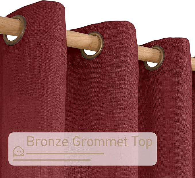 LAMIT Burgundy Red Linen Curtains 48 Inch Length 2 Panels, Light Filtering Semi Sheer Panels Bronze Grommet Christmas Decor Drapes for Small Windows/Kitchen/Bedroom, 34 x 48 Inch