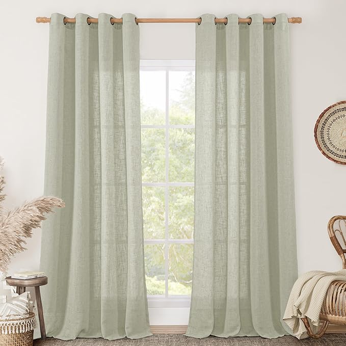 LAMIT Linen Curtains for Living Room, Sage Grey 90 Inch Length Bronze Grommet Linen Textured Farmhouse Curtains Light Filtering Drapes for Bedroom/Dining Room, Set of 2, 52 x 90 Inch