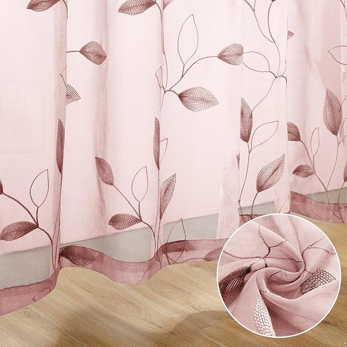HOMEIDEAS Blush Pink Floral Sheer Curtains 96 Inches Long 2 Panels Embroidered Pattern Semi Sheer Window Drapes for Bedroom Living Room