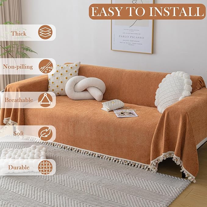 HANDONTIME Dark Orange Sofa Covers Couch Cover for Dogs Colorful Tassel Lovetseat Covers Pet Couch Cover Bohemian Sofa Cover for Couch Vintage Boho Couch Covers Futon Cover Pet-Friendly, 71" X118"