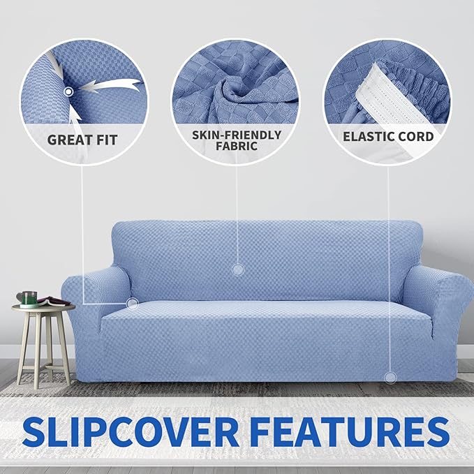 ZNSAYOTX 1 Piece Jacquard Couch Covers for 3 Cushion Couch Living Room High Stretch Sofa Cover Pets Dogs Friendly Anti Slip Thickened Slipcovers Furniture Protector (Large, Light Blue)