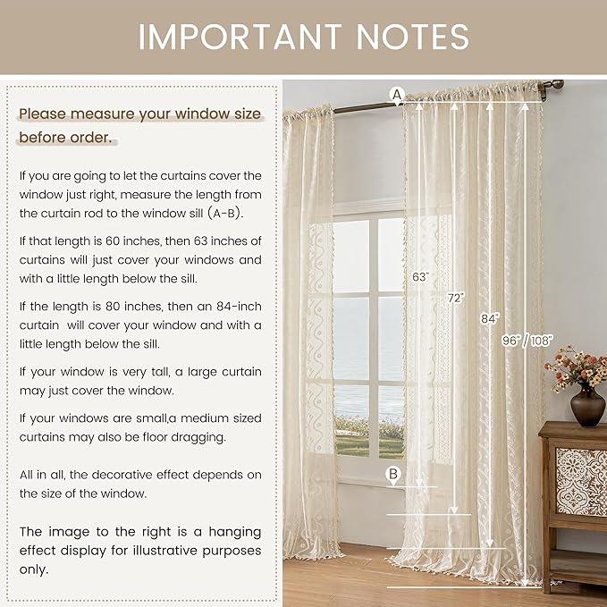 WAZZIO Boho Lace Curtains 2 Panels 45 Inches -Cute Vintage Victorian Sheer Panel Drape French Country Floral Pattern & Tassel Light Filtering Privacy for Bedroom Dining Living Room,Beige,W52x L45