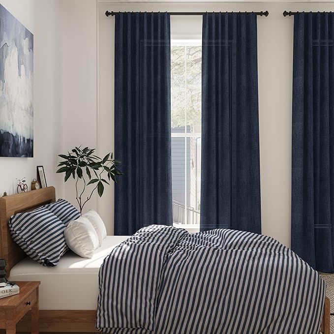 Linen Navy Blue Curtains 120 inch Extra Long for Living Room Back Tab Light Filtering Semi Sheer Drapes Modern Farmhouse Boho Decor Cotton Textured Curtain for Floor to Ceiling High Window 52x120
