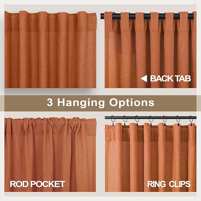 Pitalk 60 Inch Wide Curtains for Living Room 2 Panels Back Tab Pocket Drape Semi Sheer Linen Extra Large Burnt Orange Curtains for Home Office Hotel Flat Family Sunroom 5 FT Width by 9 FT Long 60x108