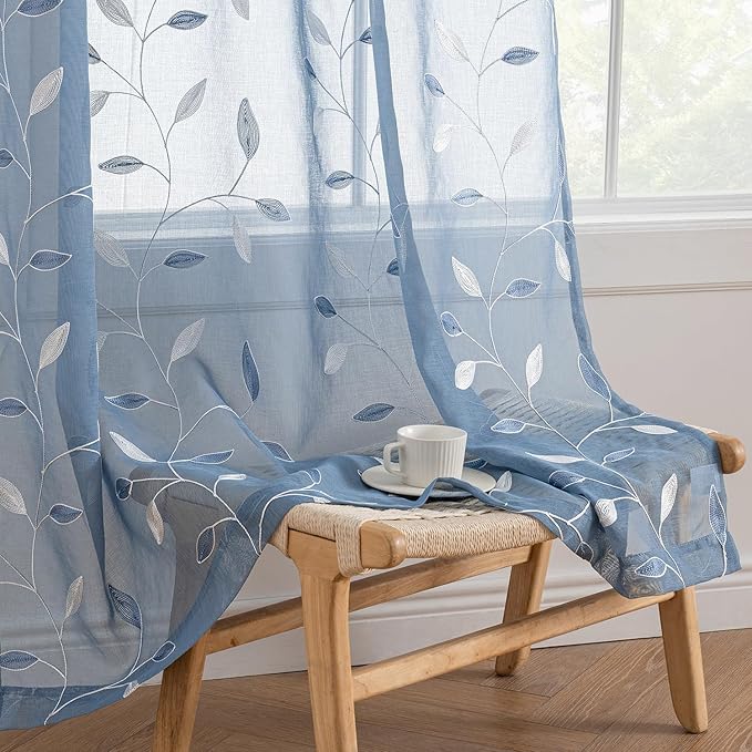 MIULEE Dusty Blue Sheer Curtains 2 Panels Embroidered Leaf Patterned Rod Pocket Floral Semi Sheer Faux Linen Window Curtains Drapes Set for Living Room Bedroom Dining Room, 52x84 Inches Long