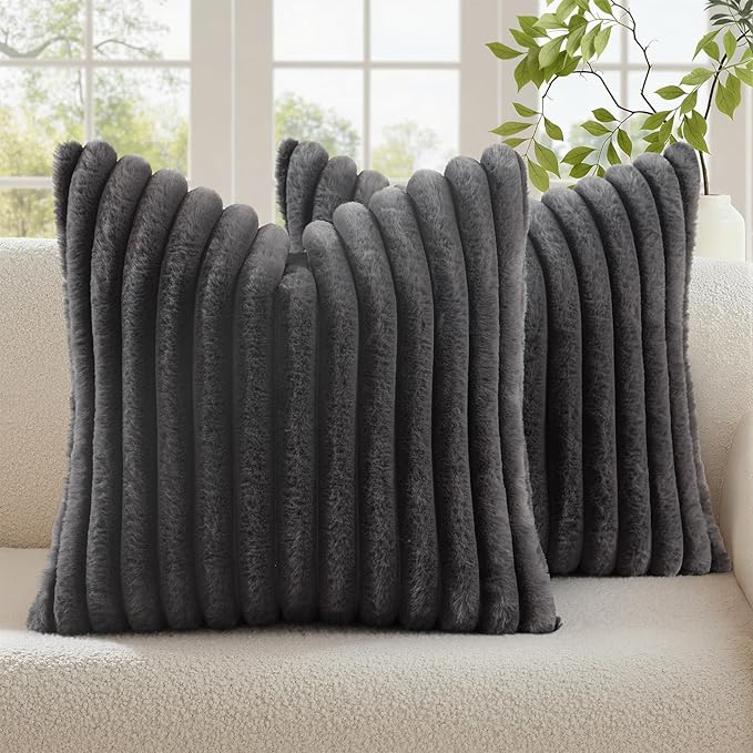decorUhome Cozy Faux Fur Throw Pillow Covers 22x22 Set of 2 Decorative Soft Plush Striped Modern Farmhouse Boho Couch Euro Sham Pillow Cases with Velvet Back for Sofa Bed Living Roomr, Dark Grey