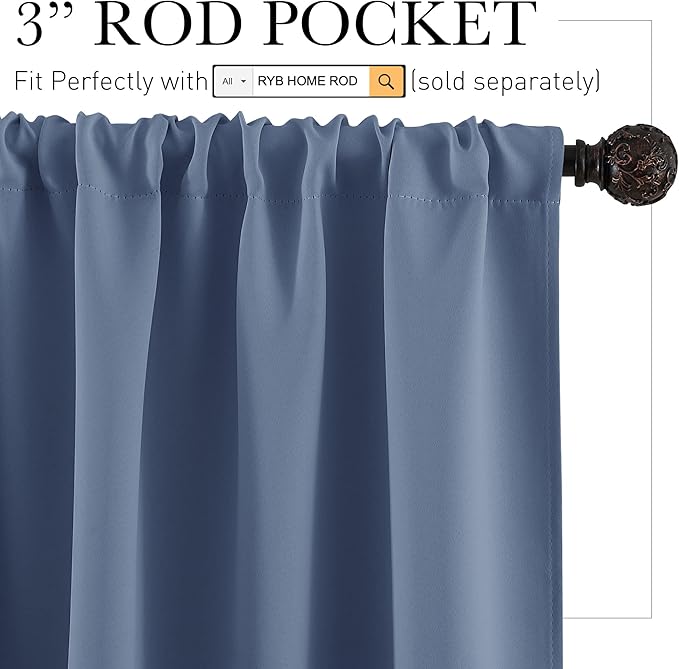 RYB HOME Cafe Blackout Curtains 24 inch Length, RV Curtains for Camper Windows, Mini Short Small Insulating Light UV Blocking Privacy Half Window Tiers, Width 29 by Length 24, Stone Blue, 2 Panels