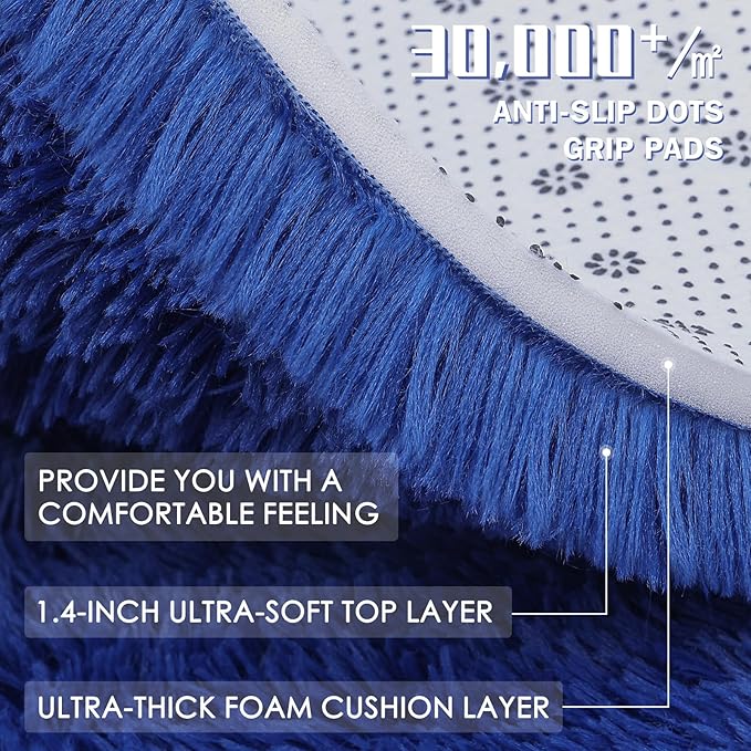 OLANLY Navy Blue Round Rugs for Bedroom - Machine Washable, 8 ft Circle Area Rugs for Living Room, Soft and Fluffy Shaggy Carpet for Teen Girls and Boys, Nursery Rooms, Dorms, Home Decor Aesthetic