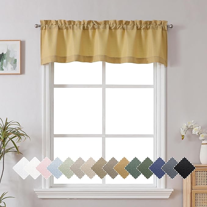 Chyhomenyc Gold Valance for Windows, Light Filtering Faux Linen Textured Small Window Kitchen Valance, Rod Pocket Short Curtain for Bathroom Laundry Basement, 60Wx14L inch, 1 Piece