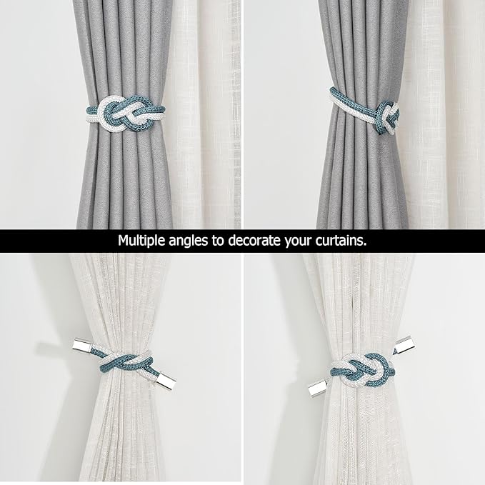 NICEEC 4 Pack Mini Magnetic Curtain Tiebacks Nordic Simple Style Drape Tie Backs Elegant Hand Weave Rope Knot Decorative Curtain Holdbacks for Home & Office Thin Window Drapery (Teal & White)