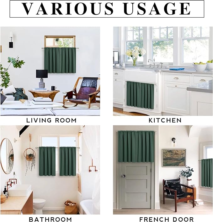 RYB HOME Half Curtain Tiers 36 inch Length, Rod Pocket Summer Heat Blocking Thermal Insulated Short Blackout Curtains for Small Window, Width 34 by Length 36, Dark Green, 2 Panels