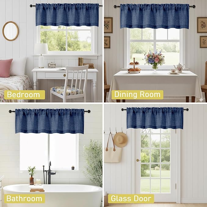 Navy Blue Valances for Windows, Light Filtering Faux Linen Textured Small Short Valance Curtains for Bathroom Basement Farmhouse, Rod Pocket Top Half Curtains for Windows, 60" Wx24 L