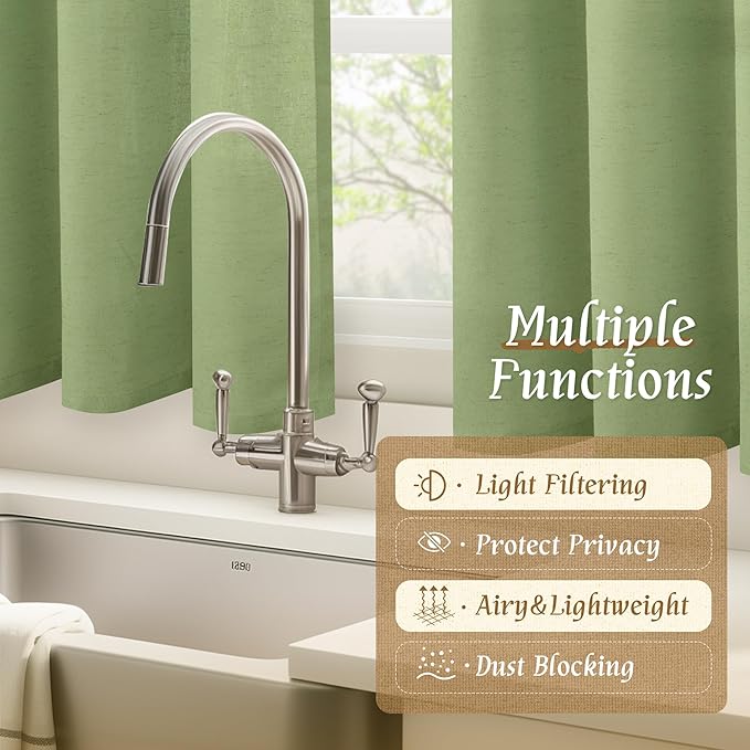LAMIT Bedroom Linen Curtains 48 Inch Length 2 Panels, Soft Faux Linen Light Filtering Panels Rod Pocket Farmhouse Privacy Drapes for Kitchen/Window/Loft Room, 42 x 48 Inch, Sage Green