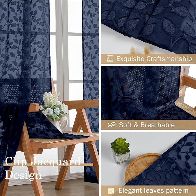 Chyhomenyc Navy Blue Sheer Curtains 30 Inch Length, Light Filtering Leaf Tufted Textured Small Window Kitchen Curtain Over Sink, Short Half Window Curtains for Bathroom Basement, 30" Wx30 L, 2 Panels