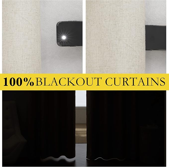 NICETOWN Natural Full Blackout Boho-Chic Linen Curtains 84 inch Long 2 Panels Set for Cafe Window, 42 inch Wide, Thick Linen Blend Drapes, Insulated Window Covers Draperies with White Backing