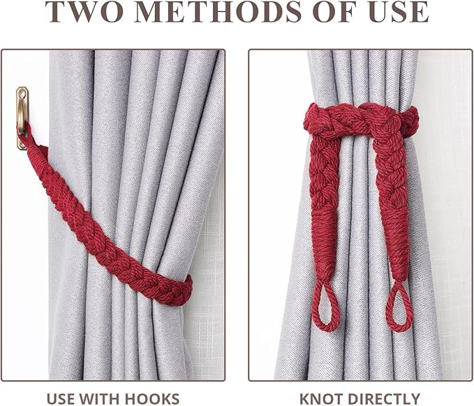 NICEEC 4 Pack Natural Cotton Rope Curtain Tiebacks Elegant Boho Style Decorative Drape Tie Backs Soft Hand-Woven Rope Curtain Holdbacks with Metal Hook for Home & Office Drapery (Wine Red)