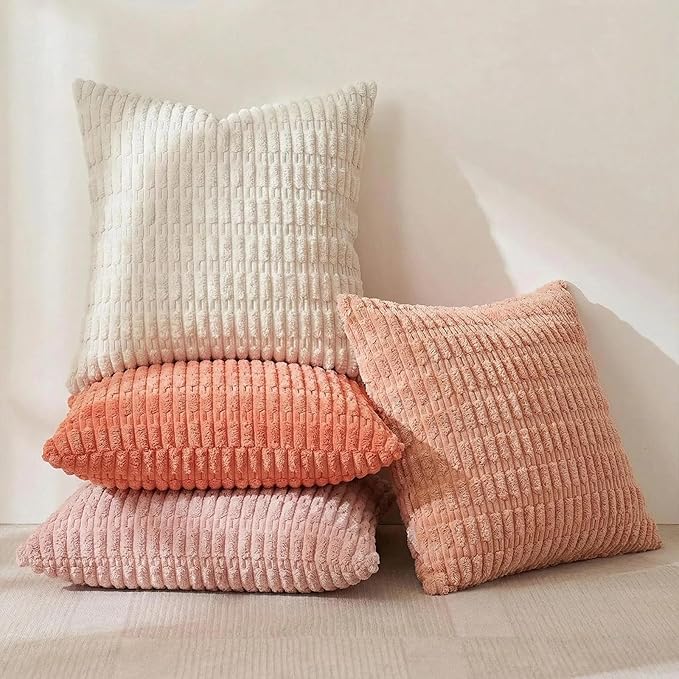 Fancy Homi 4 Packs Blush Pink Decorative Throw Pillow Covers 20x20 Inch for Living Room Couch Bed Sofa, Soft Plush Striped Corduroy Square Light Pink Coral Peach Cream Colorful Cushion Case 50x50 cm