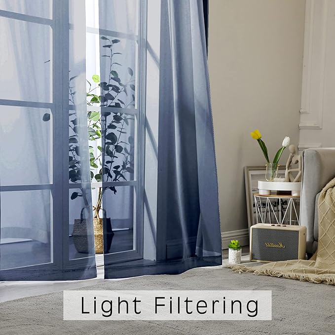 OWENIE Blue Sheer Curtains 36 Inches 2 Panels Set - Kitchen Tiers Valances Curtains Light Filter Rod Pocket Voile Cafe Curtains for Kitchen Bathroom Small Half Window, 42 in W x 36 in L, Navy
