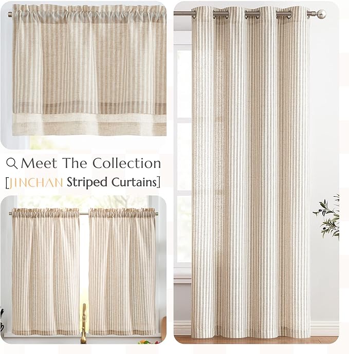 jinchan Linen Valance Curtain Striped Small Window Curtain Double Layer Light Filtering Modern Farmhouse Valance for Kitchen Living Room Bedroom 18 Inch Rod Pocket 1 Panel Taupe on Beige