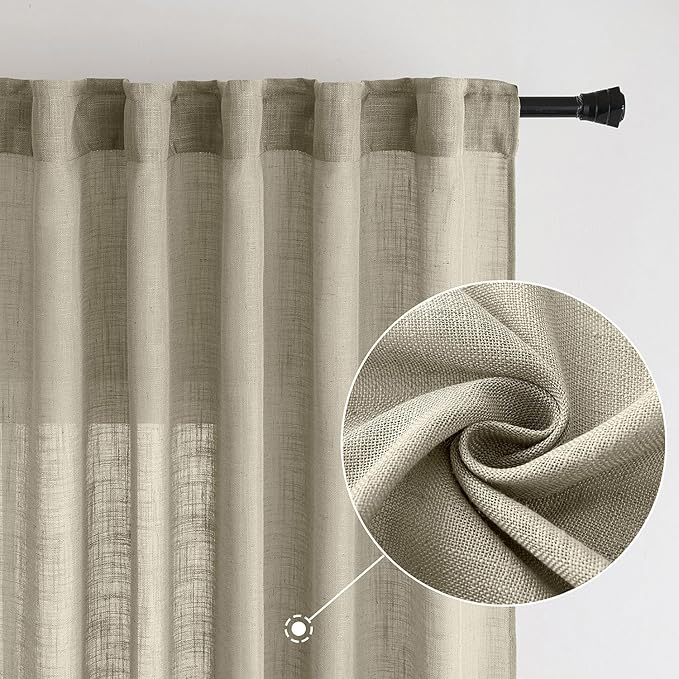 MIULEE Oatmeal Linen Curtains 96 Inches Long 2 Panels for Bedroom Living Room, Soft Thick Linen Textured Natural Window Drapes Semi Sheer Light Filtering Back Tab Rod Pocket Burlap Look Decor