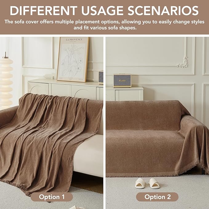 Couch Cover for Dogs, Boho Sofa Covers for 3 Cushion Couch, Chenille Sofa Slipcover for Pets Washable, L-Shape Sectional Couch Cover Soft Throw Blankets with Tassels(91x118,Coffee)