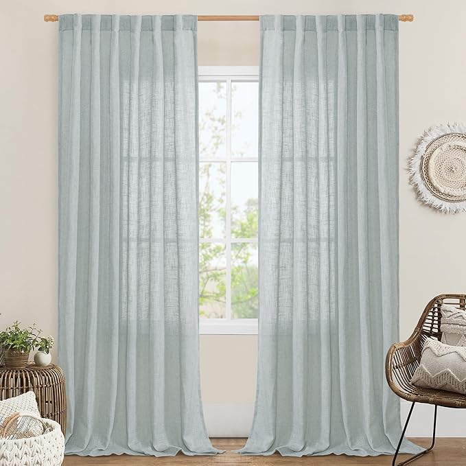 LAMIT 102 Inch Length Light Filtering Sheer Linen Curtains, Linen Textured Semi Sheer Back Tab and Rod Pocket Natural Boho Drapes for Living Room/Farmhouse, 2 Panels, Greyish Blue, 52 x 102 Inch