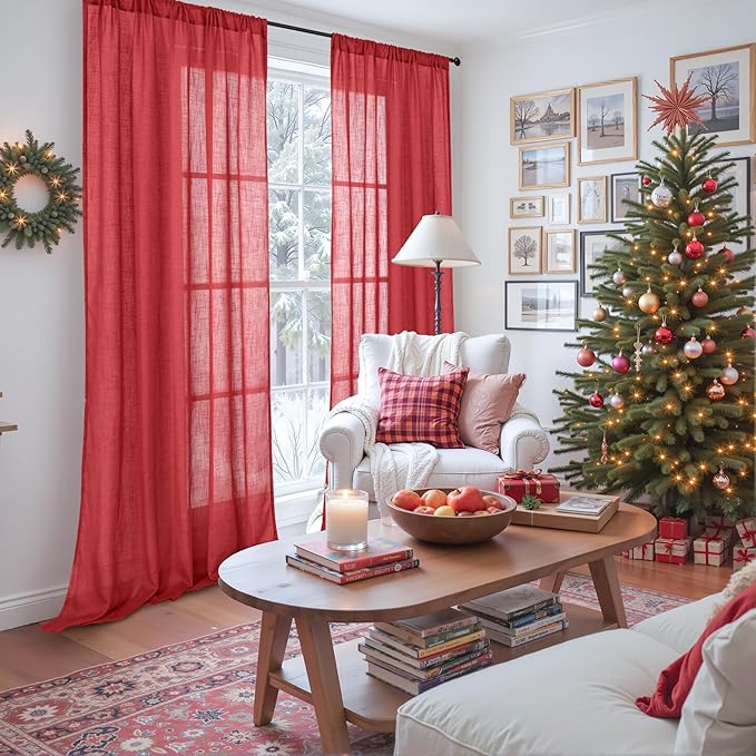 BGment Red Linen Curtains 90 Inch Length for Living Room, Long Semi Sheer Window Drapes Textured for Farmhouse Bedroom Dining with Rod Pocket Lightweight, 2 Panels Set, Each 52 Inch Wide