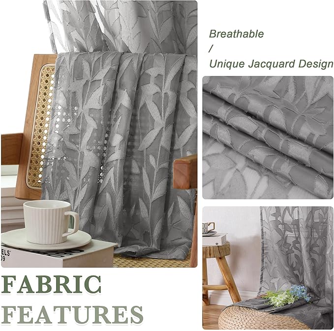 Lecloud Leia Charcoal Grey Sheer Curtains 45 Inch Length 2 Panels, Elegant Balance Light & Privacy Jacquard Textured Leaf Curtains, Dual Rod Pockets Drapes for Bedroom Living Room, 28" W x 45" L